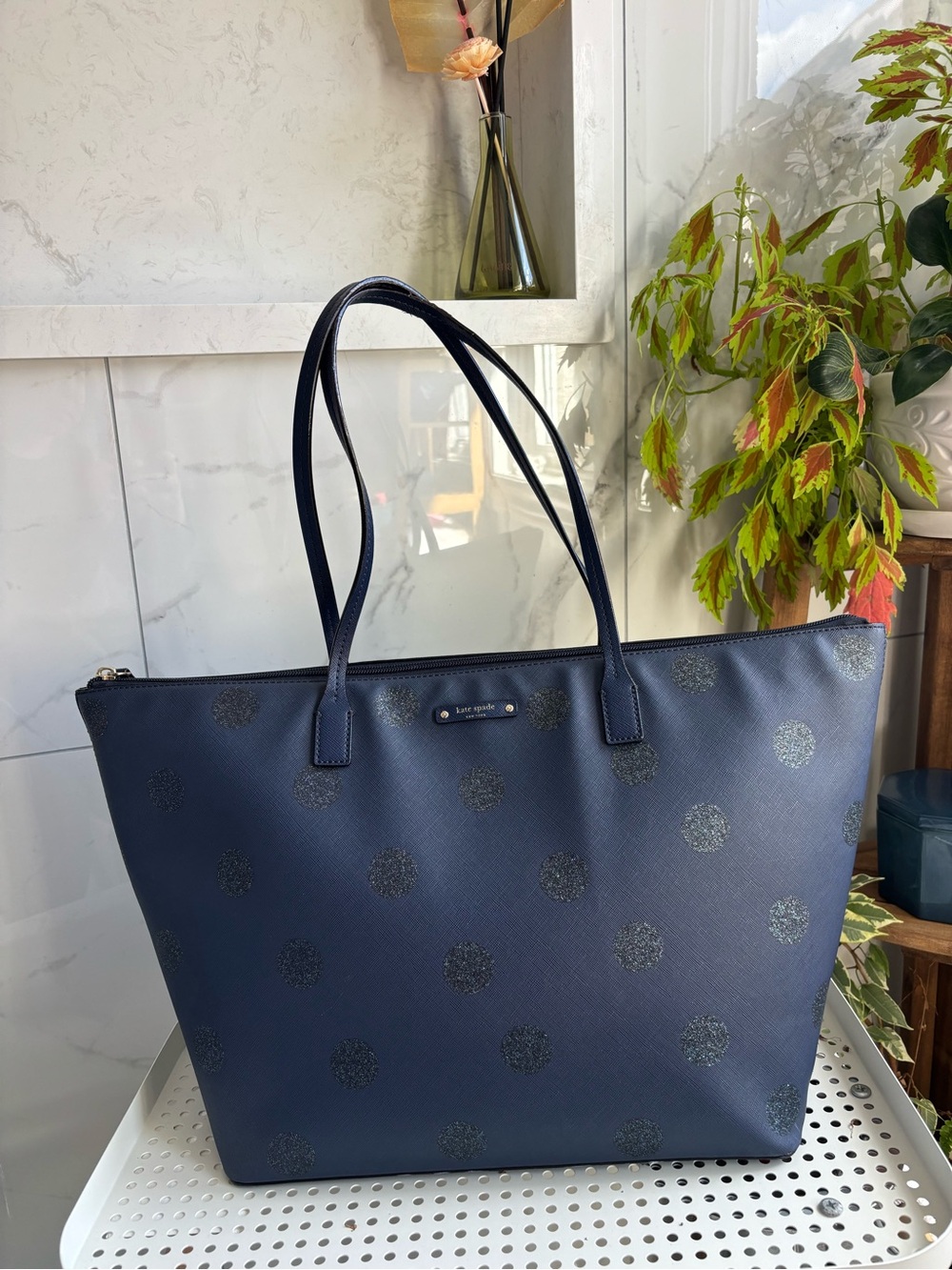Kate Spade Navy Glitter Polka Dot Large Tote - Laurel Way